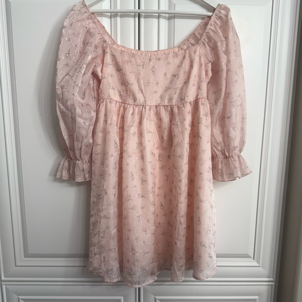 Thirty Thirty LA Sz Small Pink w/Tiny Roses Eyelet Mini Dress Long Sleeves